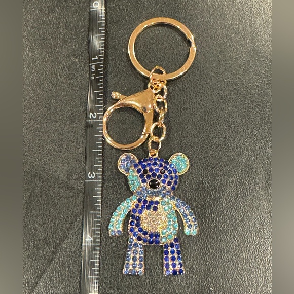 BAG CHARM  Gold Tone Clear Heart Blue Crystal Bear Bag Charm Keychain Mint - Picture 5 of 7